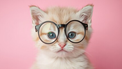A charming ginger kitten with striking blue eyes stares intently through round spectacles against a soft pink backdrop, radiating ligence and playful curiosity.