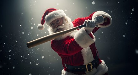 Santa claus swings a baseball bat with festive holiday spirit and snow