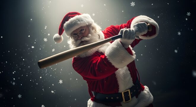 Santa claus swings a baseball bat with festive holiday spirit and snow