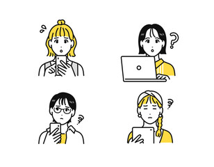 スマートフォン タブレット ノートパソコン 困る 悩む 若い女性 アイコン