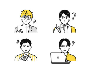 スマホ・タブレット・ノートパソコンを見て困る若い男性のアイコンセット