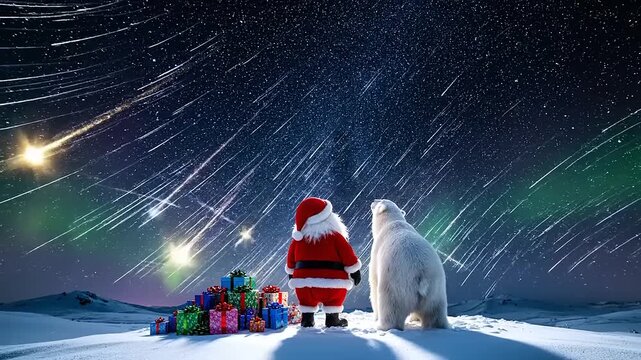 Santa claus and polar bear watching meteor shower together in arctic landscape with christmas gifts, creating magical and festive atmosphere.