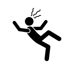 Stickman dizzy falling down icon. Silhouette person losing balance, feeling headache or vertigo, stress, fainting, or alcohol intoxication, black vector illustration isolated on white background.