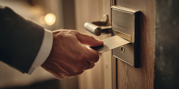 Unlocking hotel room door with key card, showcasing close up view of hand and door handle, conveying anticipation