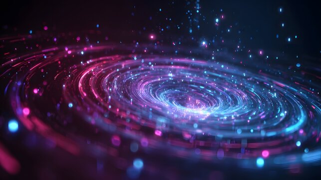 Spiraling abstract display showcases luminous particles and glowing light patterns, forming dynamic circular formations.
