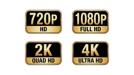 Collection of golden badges displaying video resolution standards including 720p hd 1080p full hd 2k quad hd and 4k ultra hd