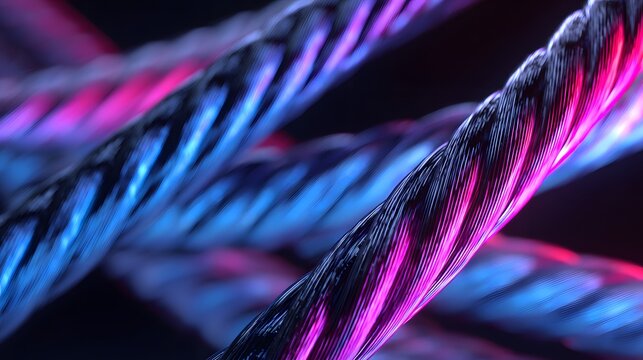 Twisted strands illuminated with vibrant pink and blue lights create a captivating display against a dark background, showcasing a  view with a shallow depth of field and highlighting intricate...