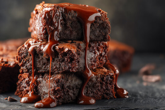 Indulge in decadent chocolate brownies drizzled with rich caramel sauce, a tempting treat for any dessert lover with a sweet tooth and a craving for homemade goodness, perfect for baking promotions - Powered by Adobe