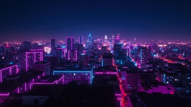 Futuristic cityscape with neon lights illuminating skyscrapers at night