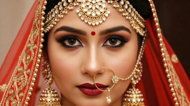 Glamorous indian bride adorned in traditional jewelry, red veil and exquisite bridal makeup, a