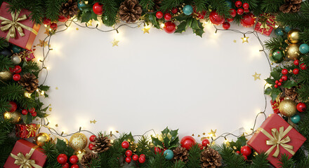 Create festive holiday cheer with this vibrant Christmas ornament and gift border around a customizable blank space