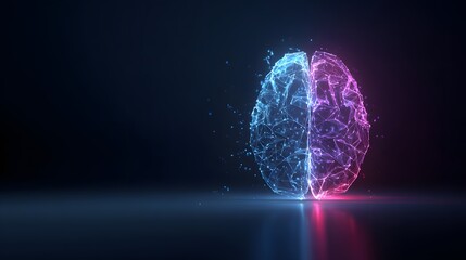 Glowing illustration depicts a conceptual brain rendered with vibrant blue and pink neon lines, showcasing connected nodes and a network of interconnected data points against a dark background.