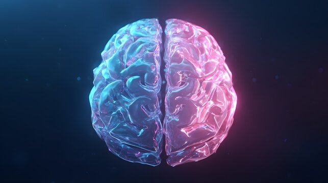 A glowing, translucent brain rendered with futuristic aesthetics is displayed, its two hemispheres highlighted in vivid blue and pink hues, set against a dark background with a subtle bokeh effect...