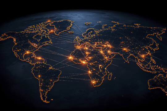Modern network visualization of world map with glowing connections and data points, showcasing global connectivity - Powered by Adobe