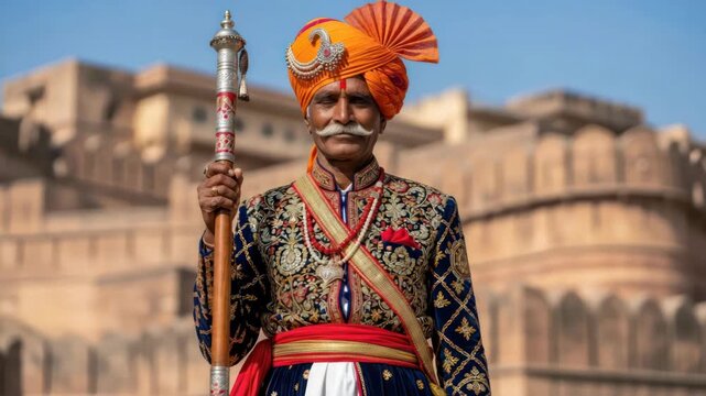 Guarding Traditions: A regal sentinel standing before the ancient fort of Rajasthan