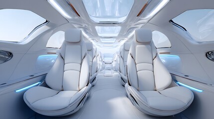 Interior view showcases a modern, futuristic cabin design featuring luxurious white leather seats, ambient blue lighting, and expansive glass windows, offering a sense of spaciousness and...