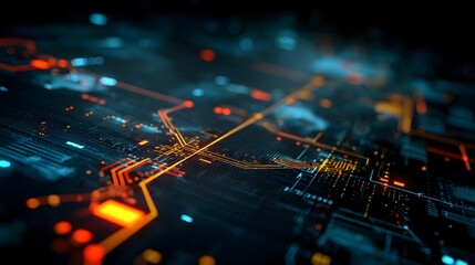Detailed depiction of a digital circuit board with intricate pathways and glowing components, displaying an abstract view of complex data processing and network connections against a blurred...