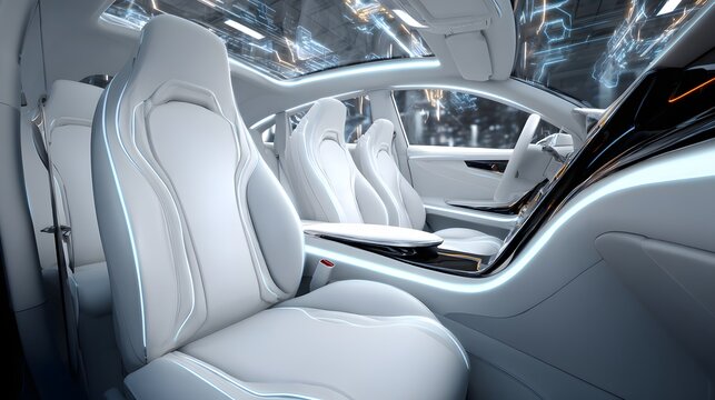 Modern car interior showcases a futuristic design with white leather seats and sleek, curved elements, complemented by ambient lighting and a panoramic glass roof for a clean, minimalist aesthetic... - Powered by Adobe