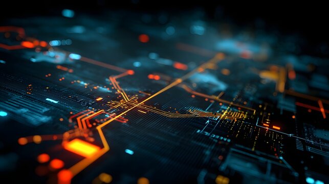 Detailed depiction of a digital circuit board with intricate pathways and glowing components, displaying an abstract view of complex data processing and network connections against a blurred...