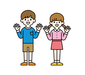 笑顔で手を振る、シンプルな園児・小学生の男女のシンプルな全身ベクターイラスト素材セット
