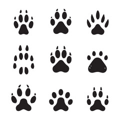 Fototapeta premium Nine Black Silhouette Paw Prints and Animal Tracks on White Background footprint wildlife