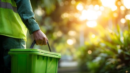 A person in workwear is seen holding a green bin with black handles, the scene takes place outdoors, bathed in bright sunlight and a bokeh effect of surrounding foliage, creating a natural, sunny...