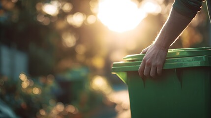 A person's hand rests on a green trash can, suggesting a task related to waste disposal or environmental care, highlighted by natural sunlight, creating a warm, inviting atmosphere with intentional...