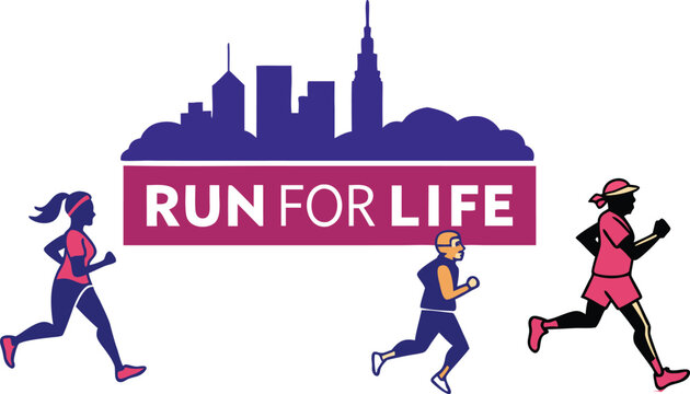 Dynamic runners sprinting in urban marathon for healthy lifestyle campaign, promoting fitness and wellness with city skyline backdrop, originally vector