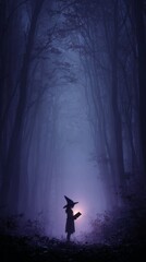 Fototapeta premium Enchanted journeys: a witch's tale in the mystical forest. Adventure poster. Magical encounter: a young witch and her luminescent spell book. Scifi poster. Visual poster.