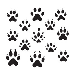 Fototapeta premium Scattered black paw print icons and animal track shapes on a white background animal tracks footprint