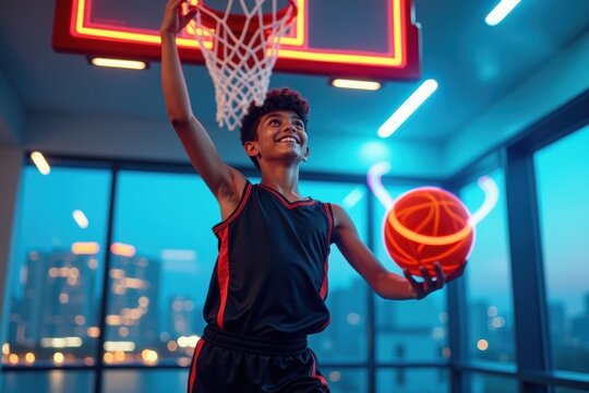 Young basketball player with glowing ball near hoop