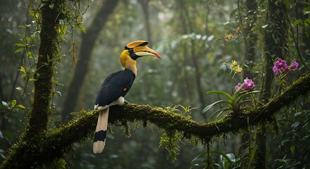 Fototapeta premium Stunning great hornbill perched on a mossy branch with vibrant orchids in a lush rainforest, bringing a touch of exotic wildlife to your next project