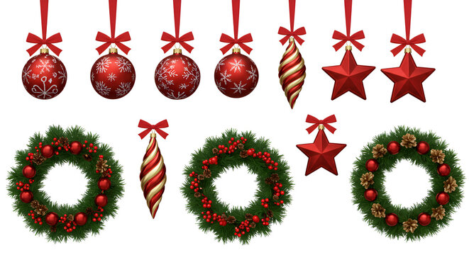 Festive Christmas ornaments and wreaths set with red bows bring holiday cheer for your festive seasonal designs - Powered by Adobe