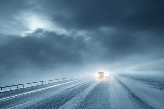 Car driving on a snowy winter highway in a blizzard, atmospheric stormy sky, headlights through heavy snowfall, dramatic landscape, travel scene, cinematic perspective. Generative AI.