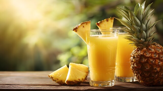 Refreshing glasses of fresh yellow juice sit beside pineapple wedges and a whole pineapple, all displayed on a wooden surface with a blurred green and sunlit background suggesting a bright, summery...