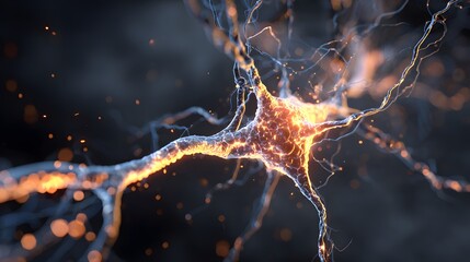Glowing orange neuron detailed in a macro shot against a dark background, representing biological activity with abstract shapes and lighting effects, showcasing microscopic structures and connections.