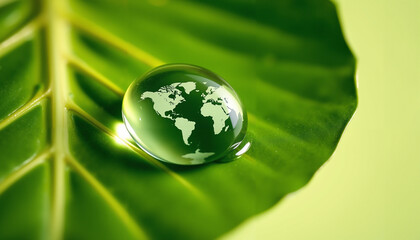 Global water conservation concept: macro water droplet with world map reflection on monstera leaf.
