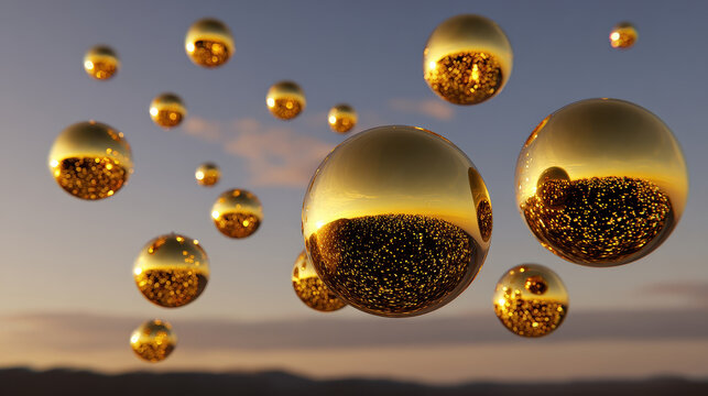 Golden sphere reflective floating twilight sky glow