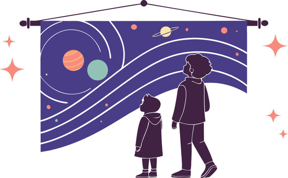Inspiring space journey for kids! Explore the cosmos and ignite imagination with this modern illustration of a child and parent gazing at the stars