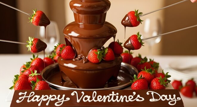 Chocolate fountain with strawberries and happy valentines day sign for a romantic dessert isolated on white background