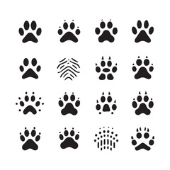 Sixteen Black Animal Paw Print Icons with Varied Designs and Textures on White Background animal track