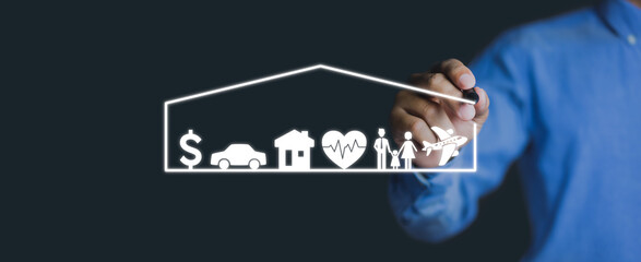 Insurance concept. Businessman drawing protective and car, travel, finance, family, house, life and health insurance icons