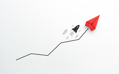 Red paper plane with rocket launch icon on white background, Business success, innovation and Growth concept