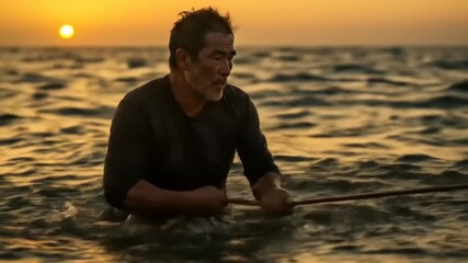 Fisherman wades through ocean at sunset, casting line - Powered by Adobe