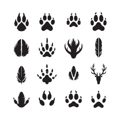 Fototapeta premium Sixteen black silhouette icons of animal paw prints, deer, and feathers on a white background