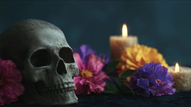Skull with vibrant flowers and flickering candles, evoking Day of the Dead ambiance, blending macabre with floral elegance, capturing a mysterious nighttime feel