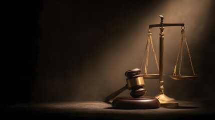 Illuminated by a warm spotlight, the golden balance scale and wooden gavel rest on a dark surface, creating a dramatic and symbolic representation of justice, law, and legal proceedings.