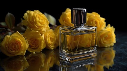 Elegant perfume bottle sits amidst bright yellow roses, with a dark background adding contrast and highlighting the fragrance's golden liquid, creating a sense of luxury and sophistication.