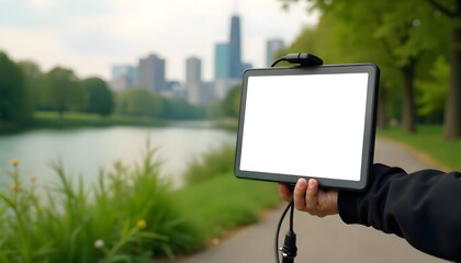 A person with a blank tablet in front of a city skyline, celebrating the active lifestyle of World Bicycle Day