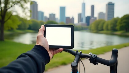 A person in an urban setting holds a blank tablet, symbolizing the spirit of World Bicycle Day and cycling culture
